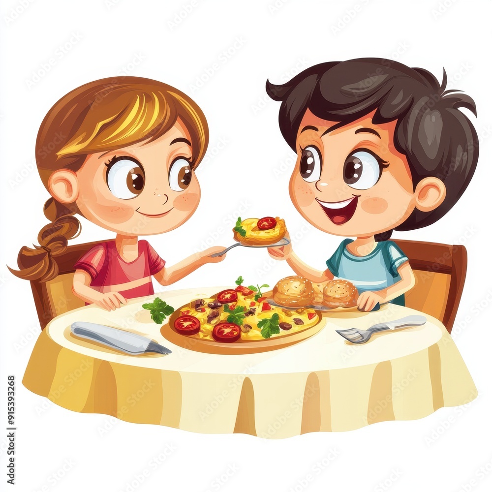 Cartoon characters enjoying a meal together at a table Cartoon characters enjoying a meal together at a table