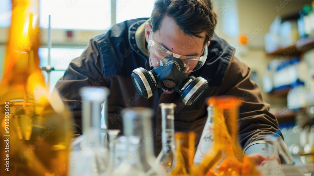 Scientist in a laboratory wearing protective gear, focusing intently on a research experiment. Scientist in a laboratory wearing protective gear, focusing intently on a research experiment.