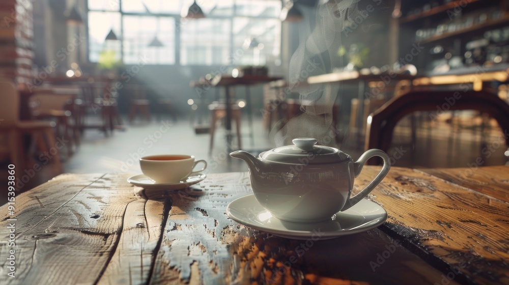 Warm Tea on Wooden Table in a Cozy Cafe Warm Tea on Wooden Table in a Cozy Cafe