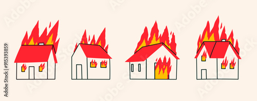 Set of Burning houses. Little buildings on fire. White house with red roof with flame. Loss of housing, disaster, insurance, damage concept. Hand drawn Vector illustration. Isolated design elements