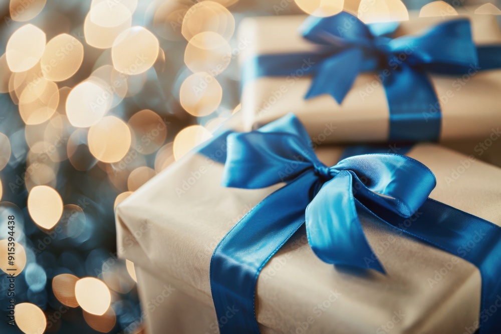 Blue Christmas Presents with Bows and Bokeh Lights: A Cozy and Festive Holiday Display with Seasonal Charm Blue Christmas Presents with Bows and Bokeh Lights: A Cozy and Festive Holiday Display with Seasonal Charm