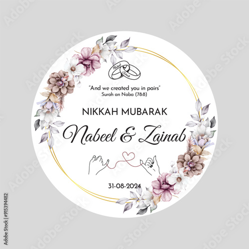Vector illustration of floral tags. Baat Pakki Tag, Nikah tags, Thank you tags, wedding tags, birthday tags, label. Luxury Floral Nikkah Certificate, Premium A4 Islamic Wedding Contract, Nikah Nama.