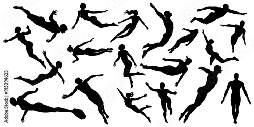 set of silhouette of swimming athlete. diving snorkling icon set. isolated on white background.