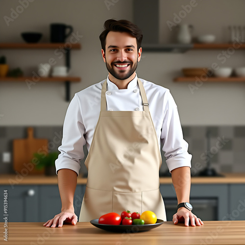 Man wearing beige linen apron mock up in the modern kitchen, chef uniform for cooking photo