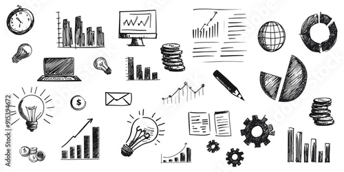 Hand drawn business elements set. working sketch collection. diagram chart doodle icons. Vector illustrations.