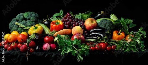 Fresh vegetables and fruits against a black background Packed with vitamins and minerals Top view Copyspace for your text