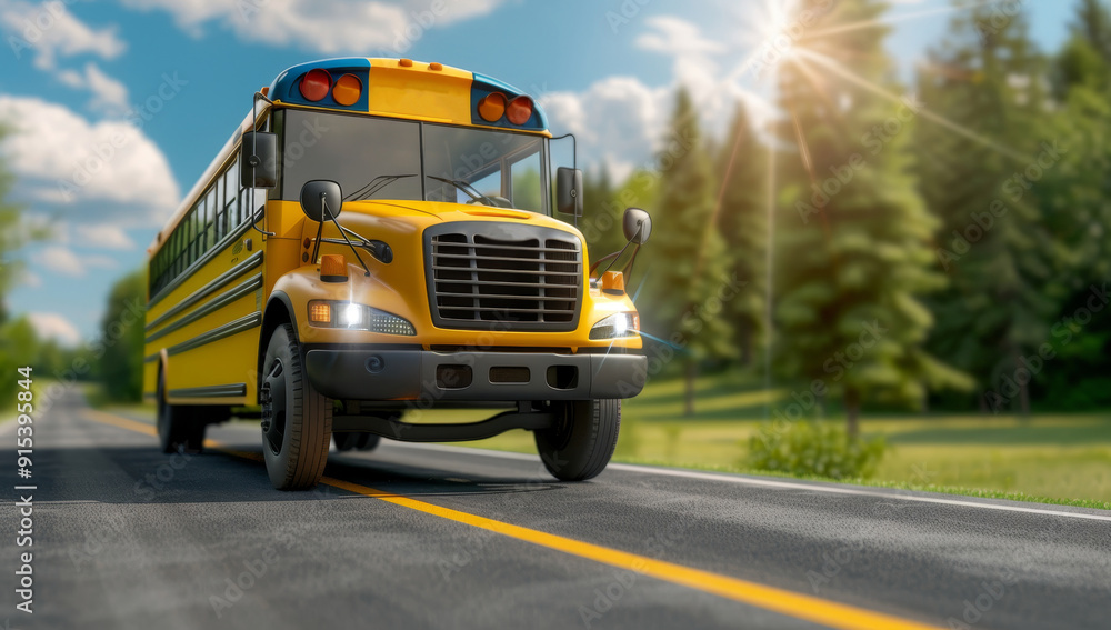 Fototapeta premium Clean sunny background with school bus on blacktop