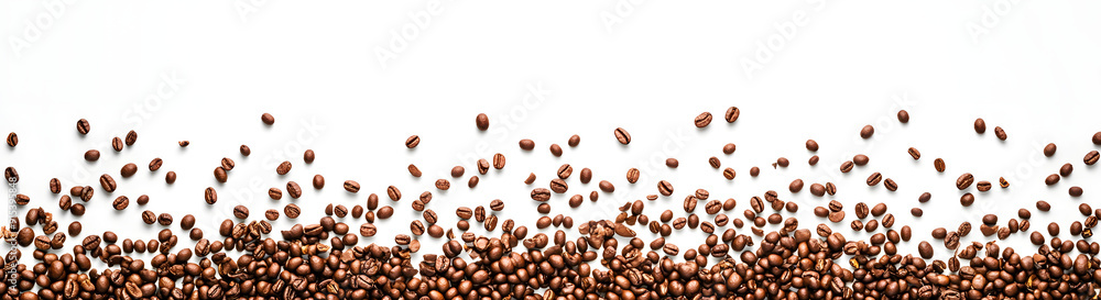 Panoramic coffee beans border isolated on white background with copy space Panoramic coffee beans border isolated on white background with copy space
