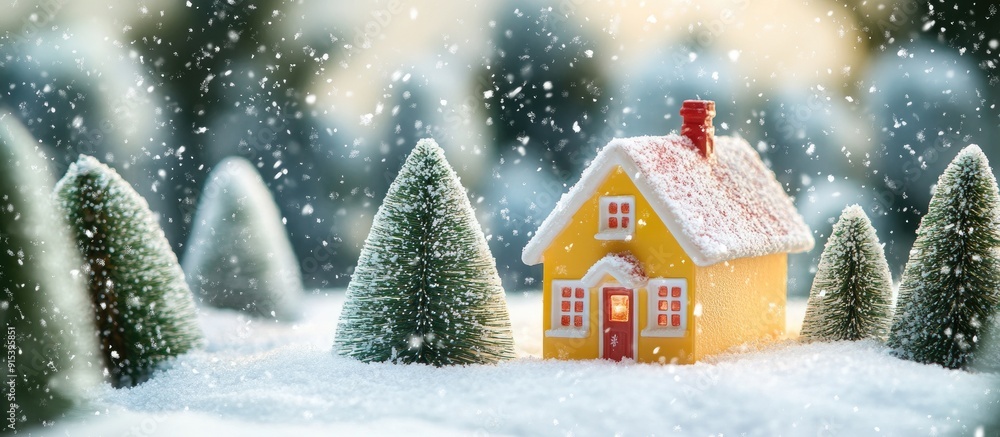 A vibrant Christmas toy house in the snow surrounded by Christmas trees A cozy home buying idea Stunning Christmas card copyspace Vertical perspective