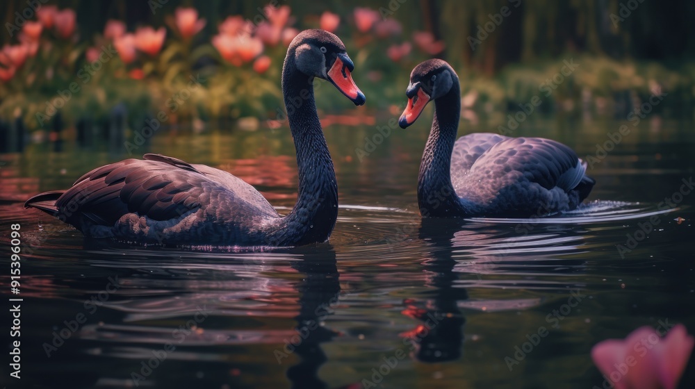 Two Black Swans Gracefully Swim in a Serene Pond Two Black Swans Gracefully Swim in a Serene Pond