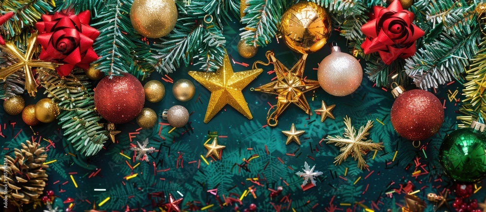 Fototapeta premium Christmas arrangement featuring green and red tinsel along with a golden star on a white background copyspace