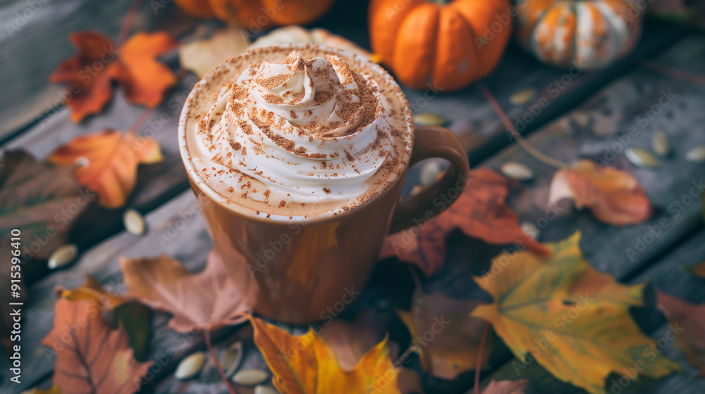 a pumpkin spice latte, topped with frothy whipped cream and a sprinkle of nutmeg, placed on a rustic wooden table surrounded by autumn leaves and mini pumpkins a pumpkin spice latte, topped with frothy whipped cream and a sprinkle of nutmeg, placed on a rustic wooden table surrounded by autumn leaves and mini pumpkins