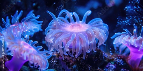 Anemone tentacles glowing under UV light due to fluorescent proteins Purpose of this phenomenon remains a mystery photo