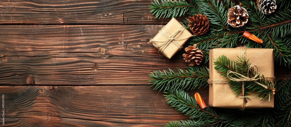 Christmas gift box food decorations and a fir tree branch on a wooden table Top view with copyspace Christmas gift box food decorations and a fir tree branch on a wooden table Top view with copyspace