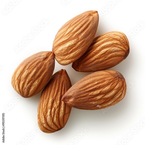 Close-up image of five whole almonds isolated on white background. High-resolution photo ideal for food, health, and nutrition industries.