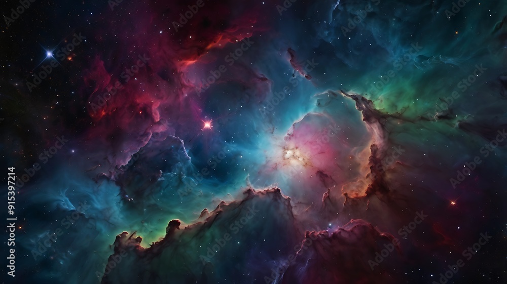 Fototapeta premium Endless space background nebulas and clouds in purple and blue design, stars, planets and orbits in astronomical illustration