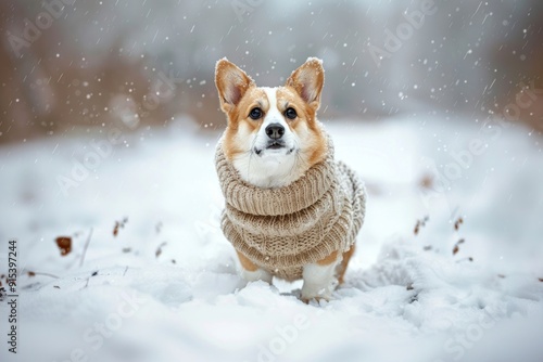 Corgi wearing sweater in snow