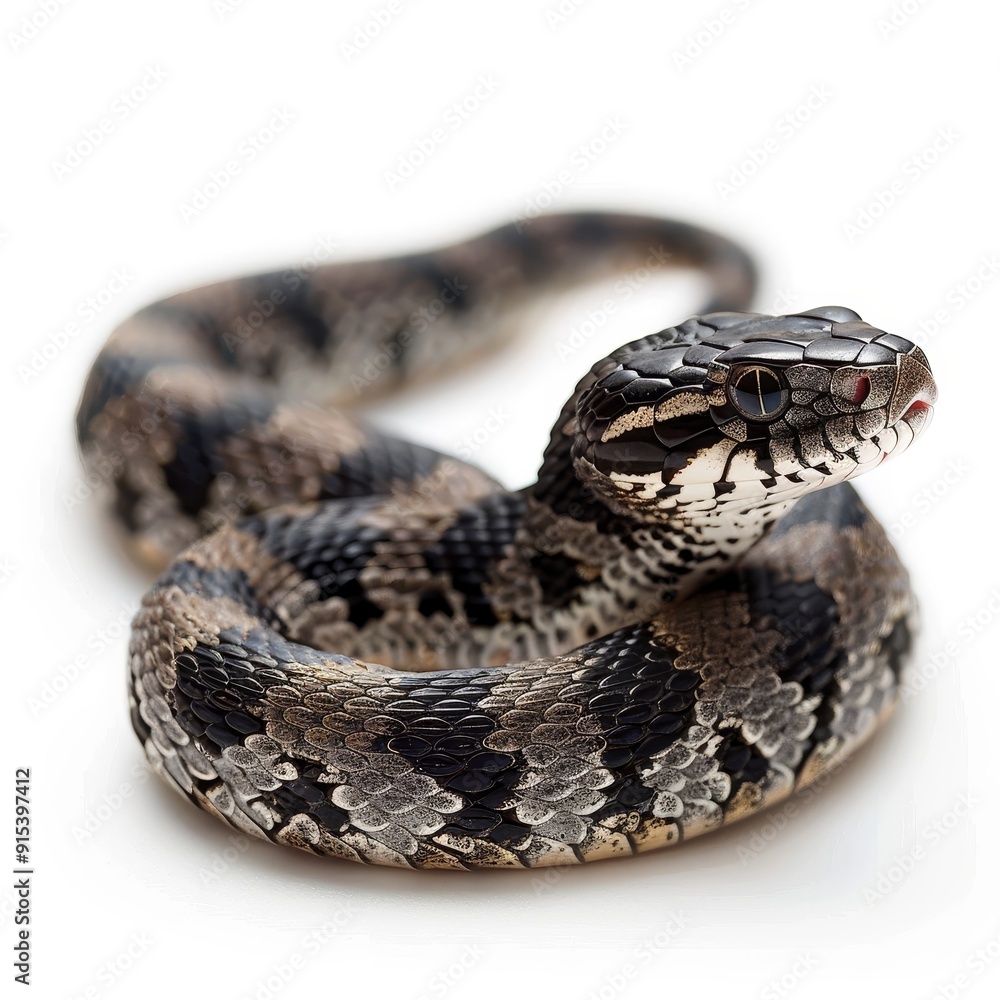 A close-up image of a curled snake with distinctive patterns on its scales against a white background, showcasing its detailed texture and coloration. A close-up image of a curled snake with distinctive patterns on its scales against a white background, showcasing its detailed texture and coloration.