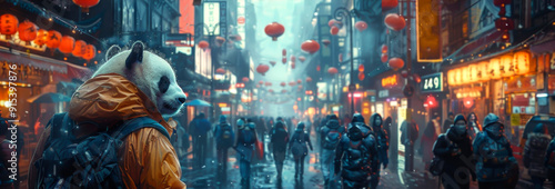 Panda in a bustling urban environment. Skyscrapers and neon signs in the background create a vibrant urban atmosphere