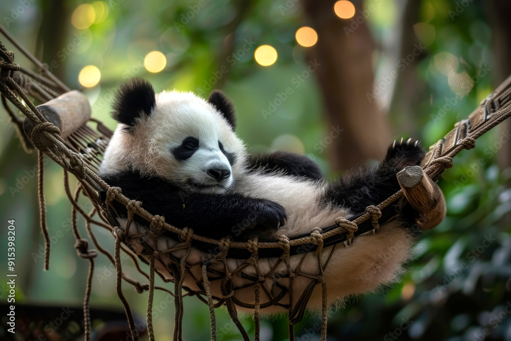 Fototapeta premium A panda rests in a hammock strung between two sturdy trees in a lush, green forest that enhances the panda's peaceful solitude