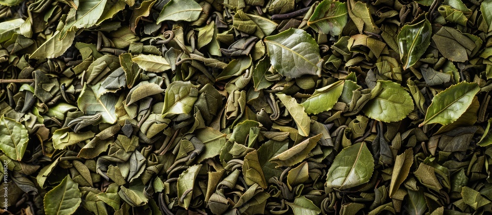 Dried green tea leaves on a light background Top view Close up Copy space Dried green tea leaves on a light background Top view Close up Copy space