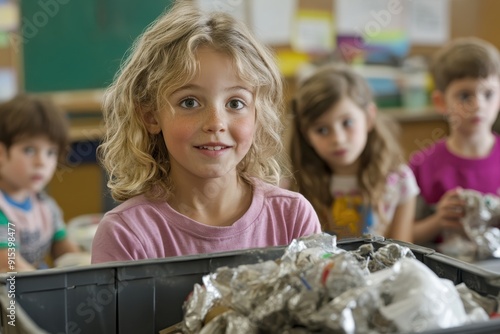 A cheerful young girl stands in a classroom environment, smiling at the camera, with a bin full of recycled materials in the foreground and classmates in the background. photo