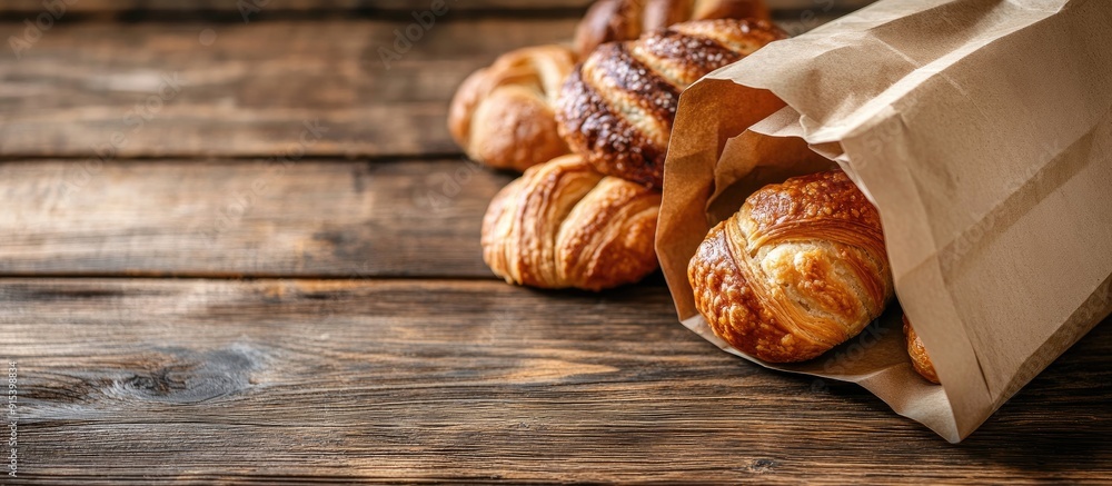 Paper bag containing pastry and takeaway food on a wooden table. with copy space image. Place for adding text or design Paper bag containing pastry and takeaway food on a wooden table. with copy space image. Place for adding text or design