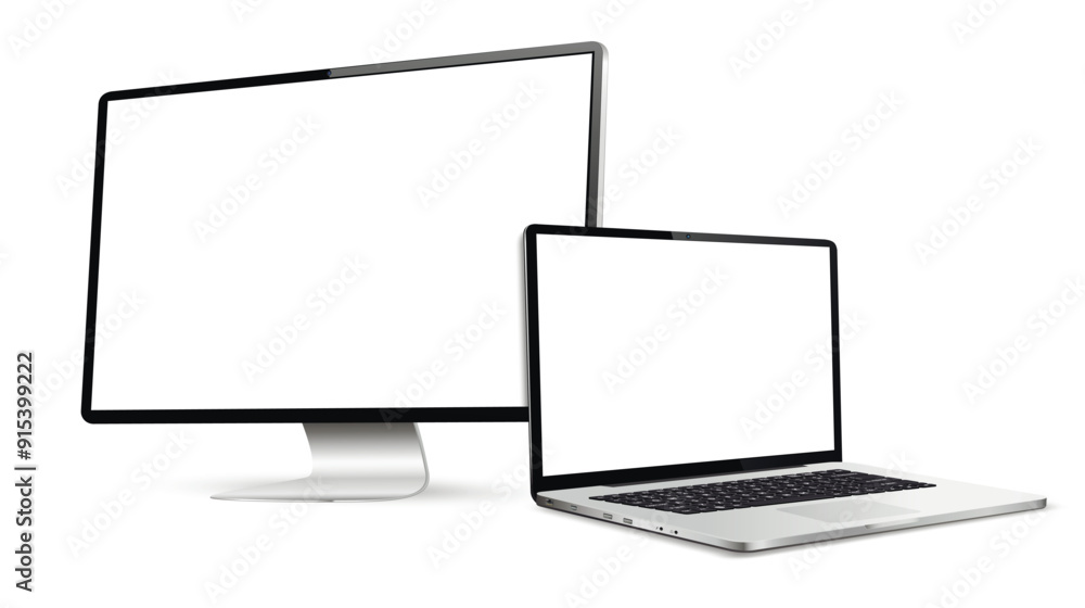 Realistic laptop and computer display with blank screen isolated on white background Realistic laptop and computer display with blank screen isolated on white background