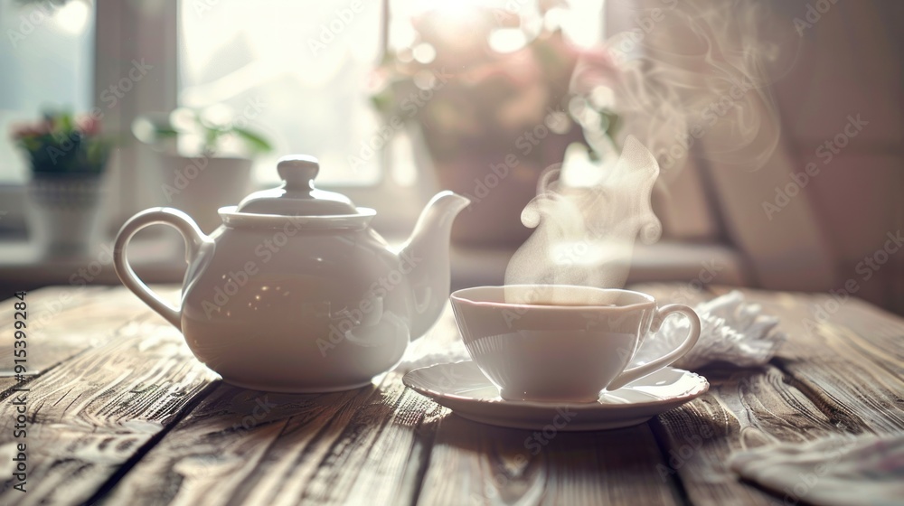 A steaming cup of tea on a wooden table A steaming cup of tea on a wooden table