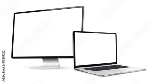 Realistic laptop and computer display with blank screen isolated on white background