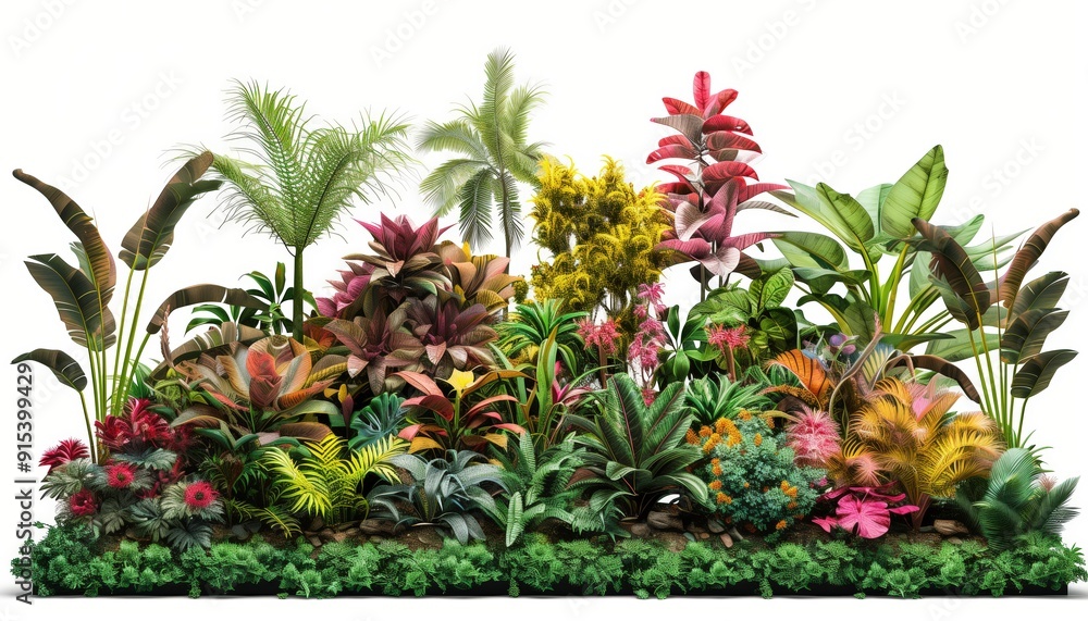 Lush Tropical Plants and Flowers on a White Background Lush Tropical Plants and Flowers on a White Background