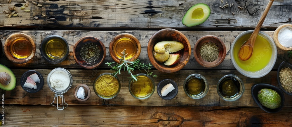 Various cooking oils and ingredients arranged on a wooden table Area for text. with copy space image. Place for adding text or design Various cooking oils and ingredients arranged on a wooden table Area for text. with copy space image. Place for adding text or design
