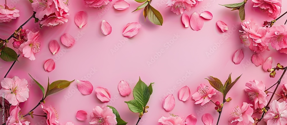 Fototapeta premium Flower arrangement Spring or summer backdrop fresh bird cherry flowers on a pink background Flat lay top view copyspace Image