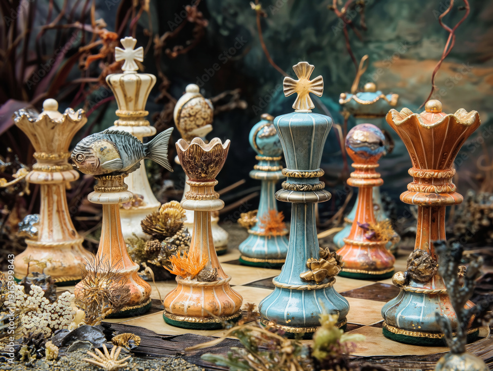 A set of chess pieces with a fish on one of them. The pieces are arranged in a row, with the fish piece in the middle A set of chess pieces with a fish on one of them. The pieces are arranged in a row, with the fish piece in the middle