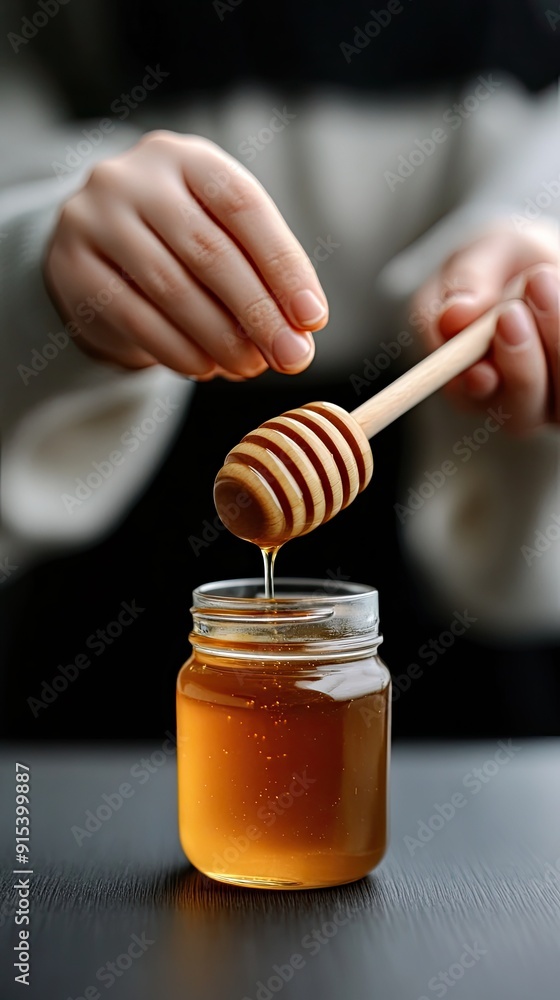 Golden honey drips from a wooden spoon into a glass jar, capturing a warm kitchen atmosphere filled with natural light Golden honey drips from a wooden spoon into a glass jar, capturing a warm kitchen atmosphere filled with natural light
