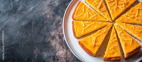 Close up of bronies cake with slices topped with grated cheddar cheese Delicious triangle shaped pieces on a white plate Gourmet dark brown colored appetizers Flat lay top view for advertising photo