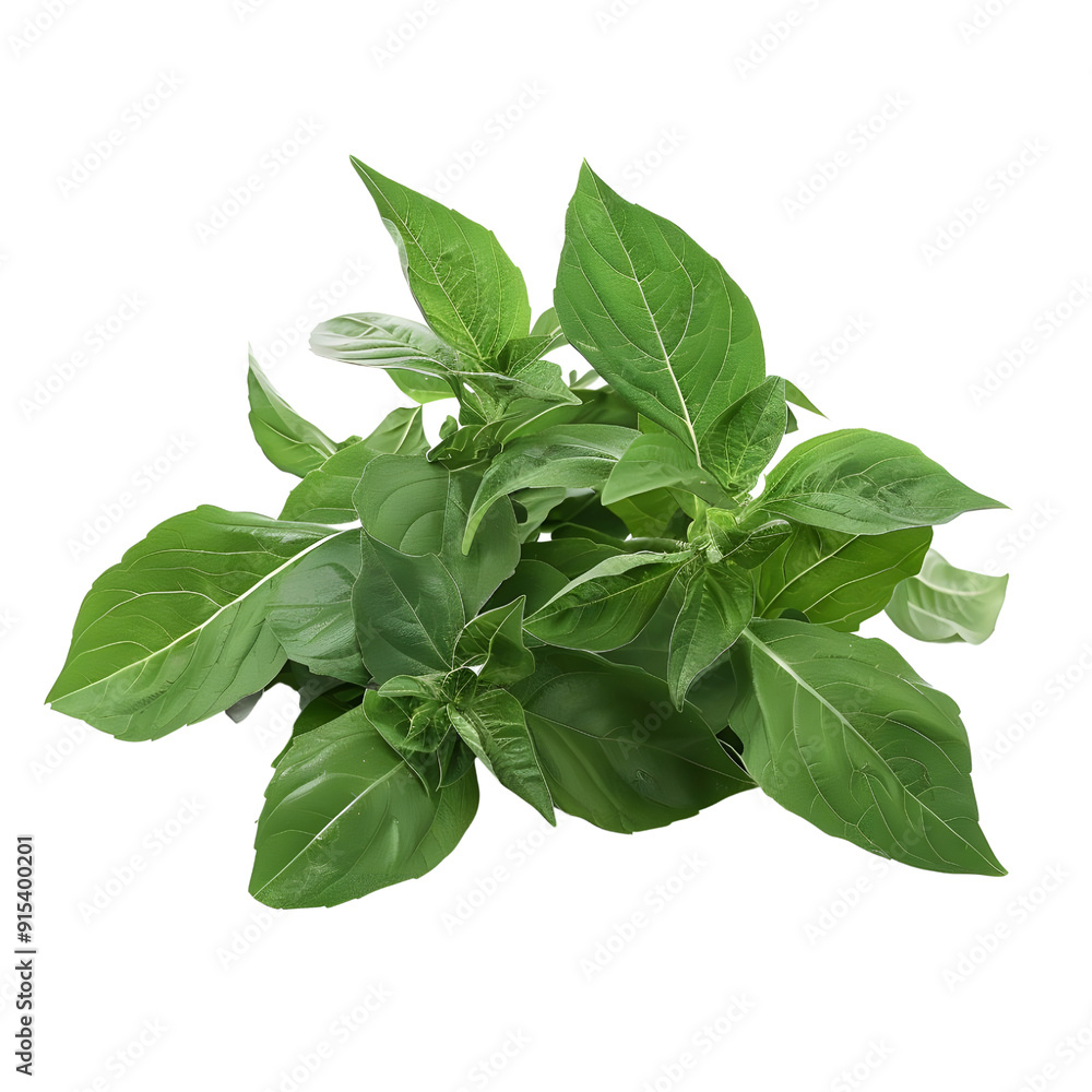 Holy Basil : Dark green leaves with a fragrant and slightly spicy taste, used in stir-fried dishes, vegetables and herbs, studio lighting, isolate on white background, photo Holy Basil : Dark green leaves with a fragrant and slightly spicy taste, used in stir-fried dishes, vegetables and herbs, studio lighting, isolate on white background, photo