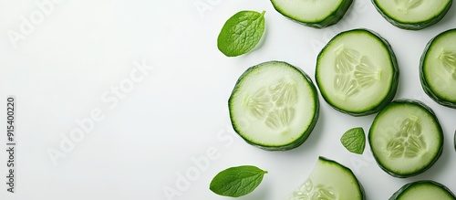 A sliced cucumber on a whit...