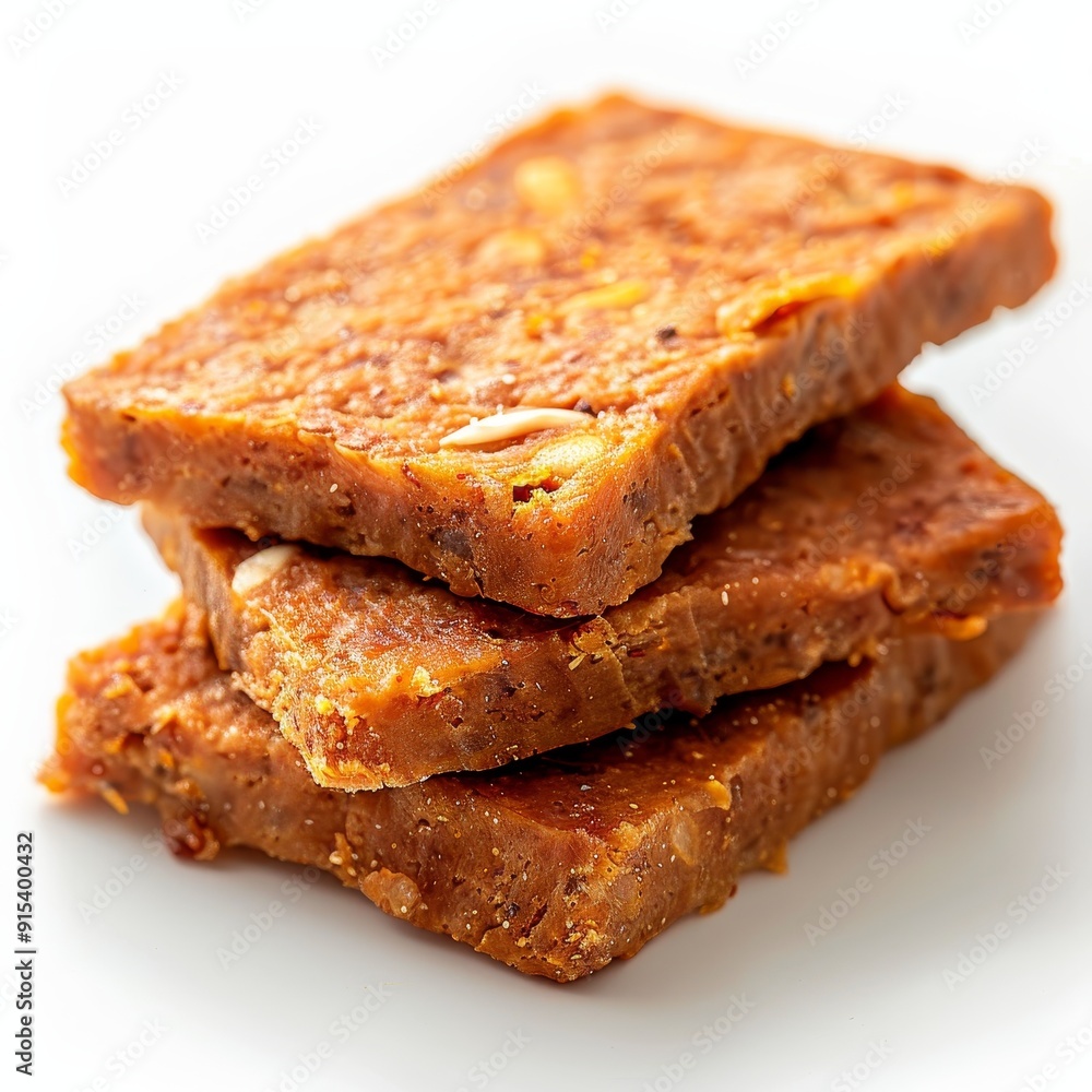 Close-up of three stacked pieces of delicious, homemade fruit and nut energy bars against a white background. Close-up of three stacked pieces of delicious, homemade fruit and nut energy bars against a white background.