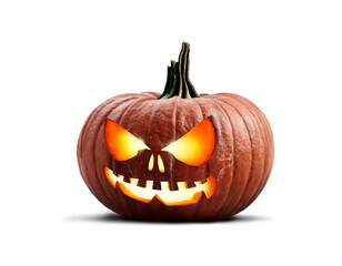 A single lit spooky halloween carved pumpkin, Jack O Lantern with evil face and eyes isolated against a transparent background looking to the left.
