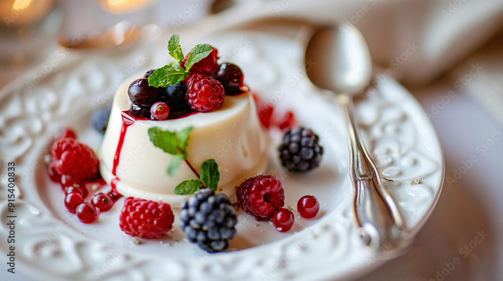 a panna cotta garnished with fresh berries, a sprig of mint, and a drizzle of berry sauce, set on a white plate with a silver spoon and a linen napkin a panna cotta garnished with fresh berries, a sprig of mint, and a drizzle of berry sauce, set on a white plate with a silver spoon and a linen napkin