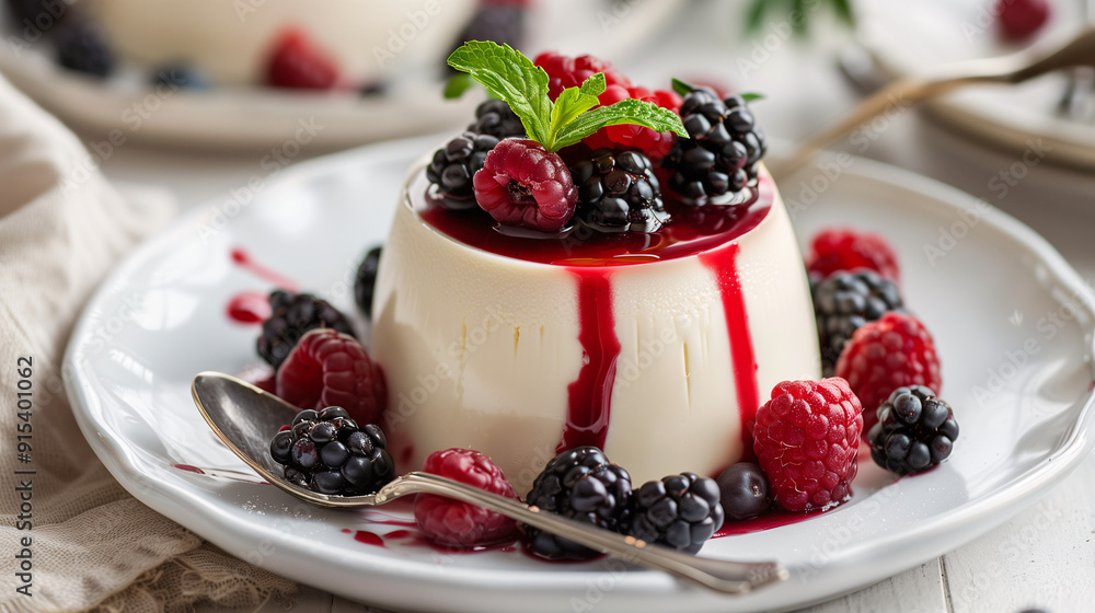 a panna cotta garnished with fresh berries, a sprig of mint, and a drizzle of berry sauce, set on a white plate with a silver spoon and a linen napkin a panna cotta garnished with fresh berries, a sprig of mint, and a drizzle of berry sauce, set on a white plate with a silver spoon and a linen napkin