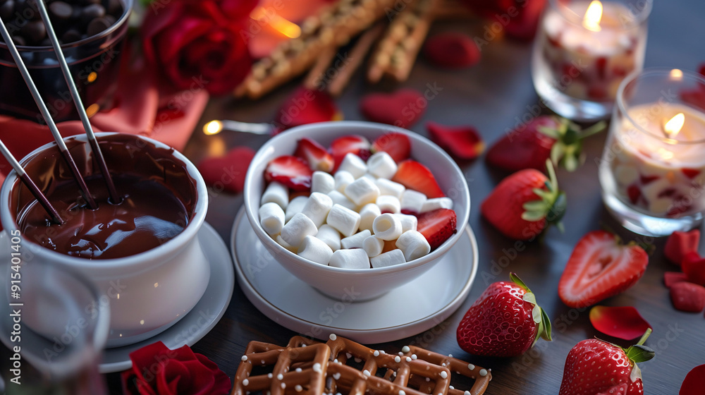 a Valentine's Day-themed chocolate fondue set, surrounded by strawberries, marshmallows, and pretzels for dipping, with red rose petals scattered on the table a Valentine's Day-themed chocolate fondue set, surrounded by strawberries, marshmallows, and pretzels for dipping, with red rose petals scattered on the table
