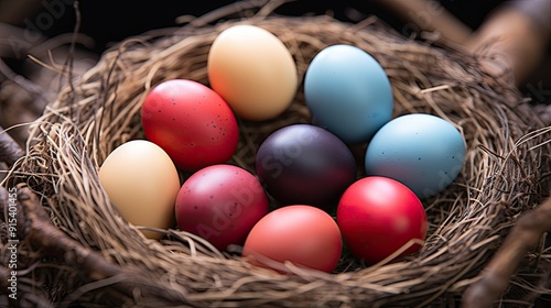 a basket of easter eggs with a purple and blue colored egg in the background.