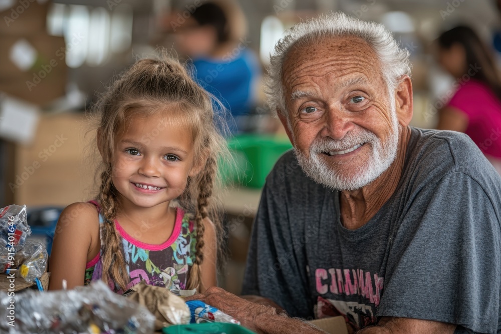 An elderly man with a white beard and a young girl with blonde hair smile warmly at the camera, surrounded by various craft materials in a vibrant workshop environment. An elderly man with a white beard and a young girl with blonde hair smile warmly at the camera, surrounded by various craft materials in a vibrant workshop environment.