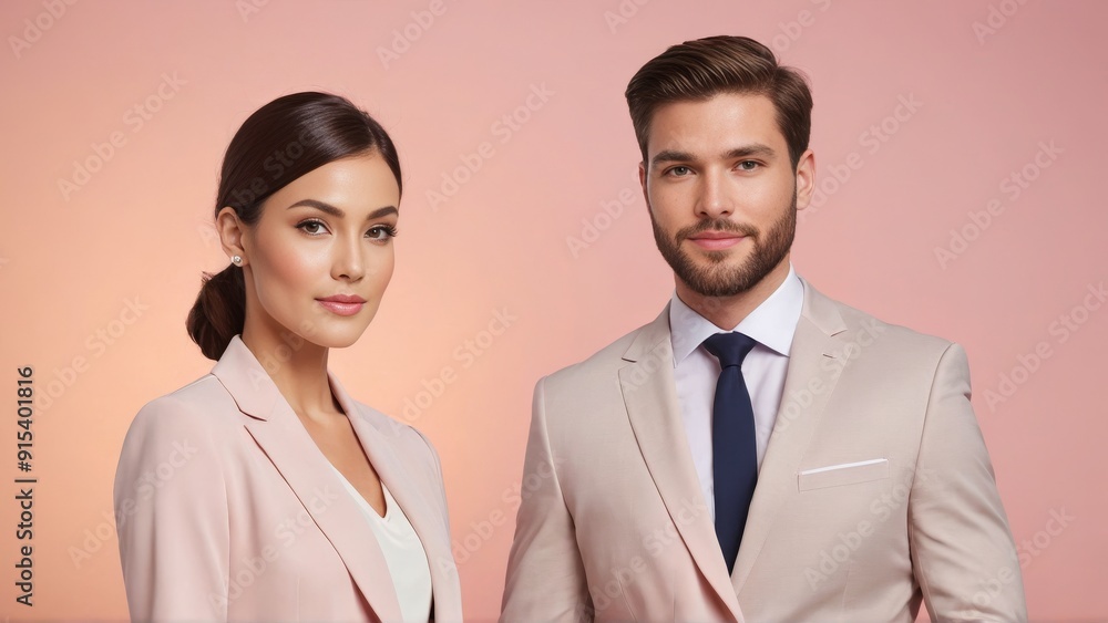 A businessman and a businesswoman standing together in a suit in the studio. A business team together. A businessman and a businesswoman standing together in a suit in the studio. A business team together.