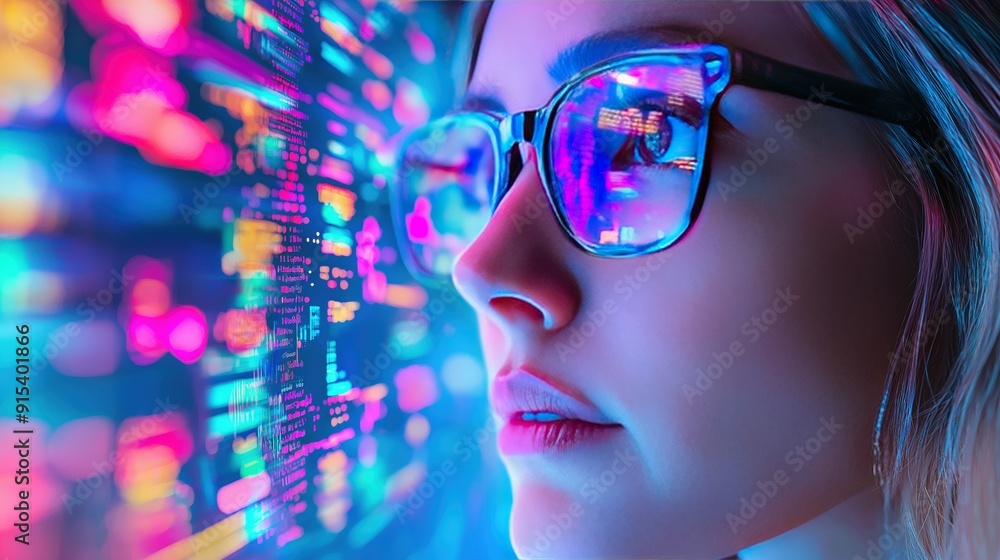 Woman Gazing at Colorful Digital Data Reflected in Glasses Woman Gazing at Colorful Digital Data Reflected in Glasses