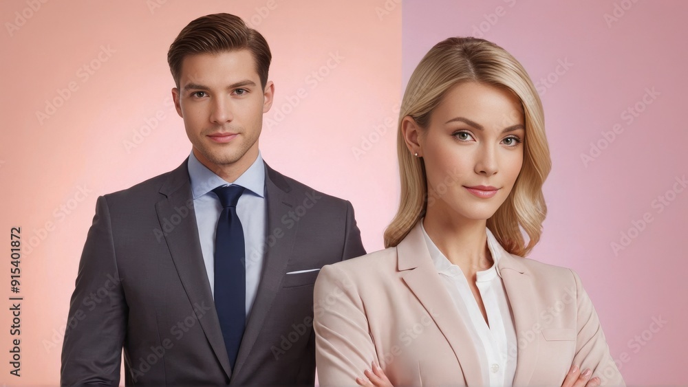 A businessman and a businesswoman standing together in a suit in the studio. A business team together. A businessman and a businesswoman standing together in a suit in the studio. A business team together.
