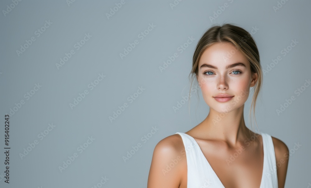 Portrait of a beautiful woman with clear skin and light makeup on a gray background. A young girl with blonde hair and blue eyes. Portrait of a beautiful woman with clear skin and light makeup on a gray background. A young girl with blonde hair and blue eyes.