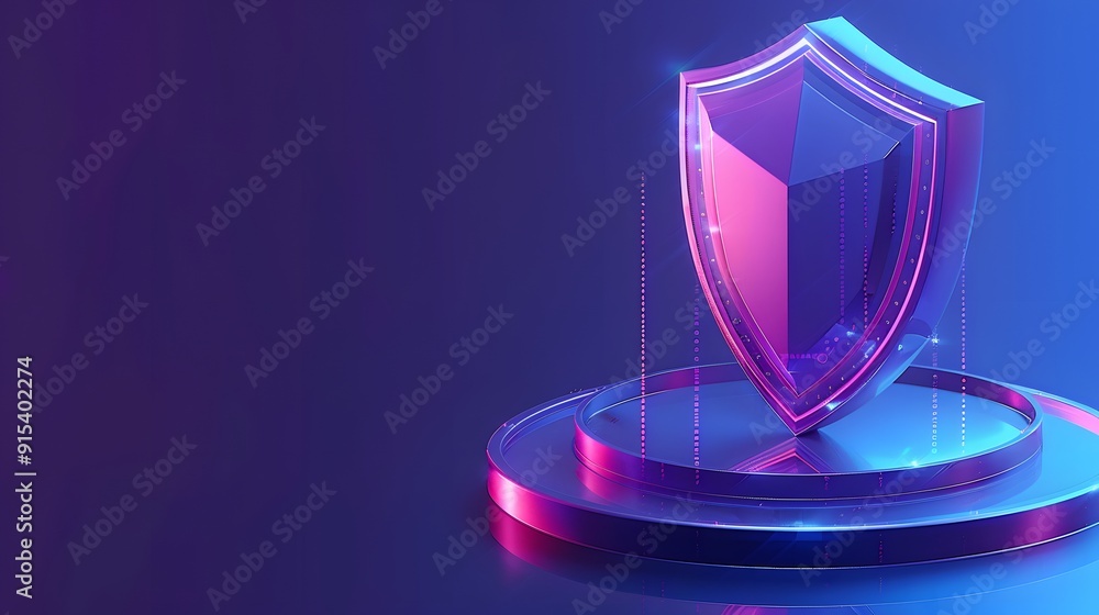 Futuristic shield icon on a neon platform, symbolizing cybersecurity and digital protection in a 3D rendering with purple and blue hues. Futuristic shield icon on a neon platform, symbolizing cybersecurity and digital protection in a 3D rendering with purple and blue hues.